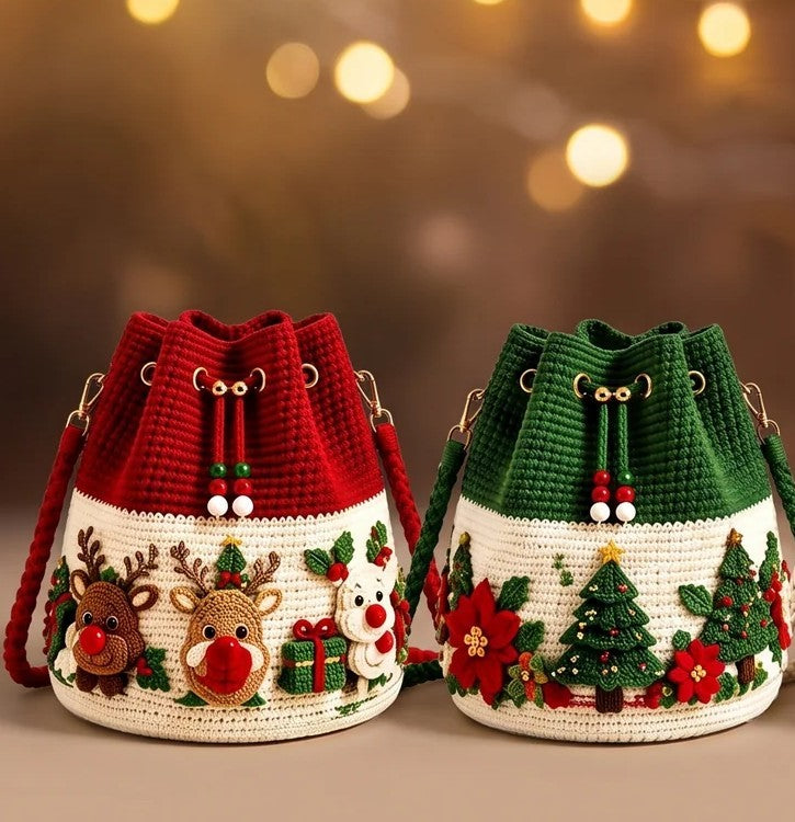 Red Reindeer and Christmas Tree crochet bags side by side