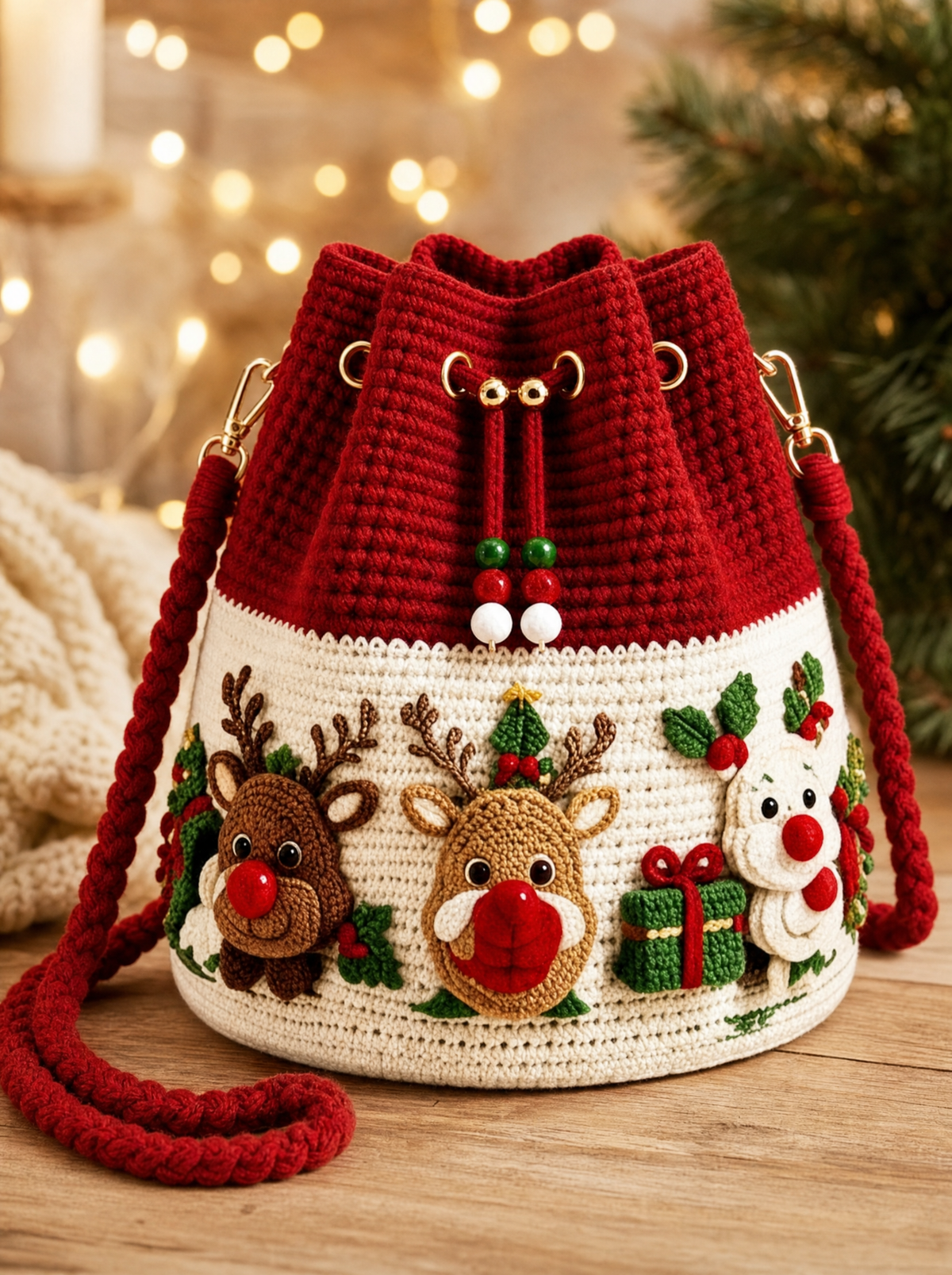 Red Reindeer Christmas crochet bag on a wooden table with holiday lights