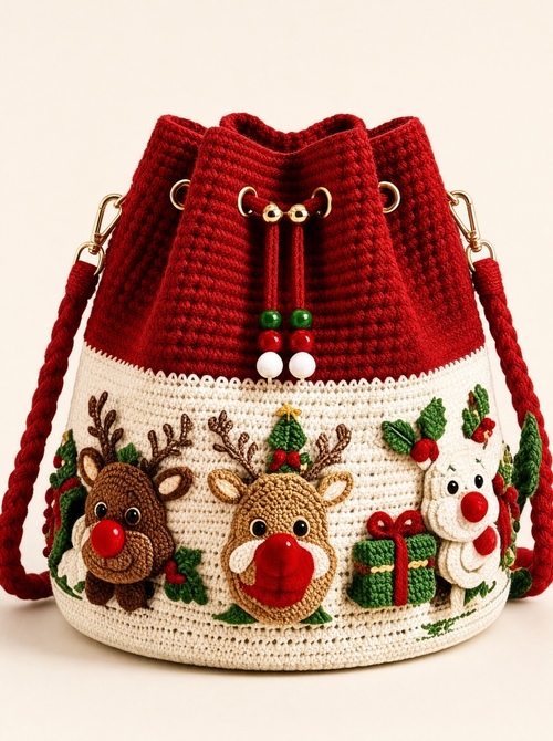 Red Reindeer Christmas crochet bag, front view