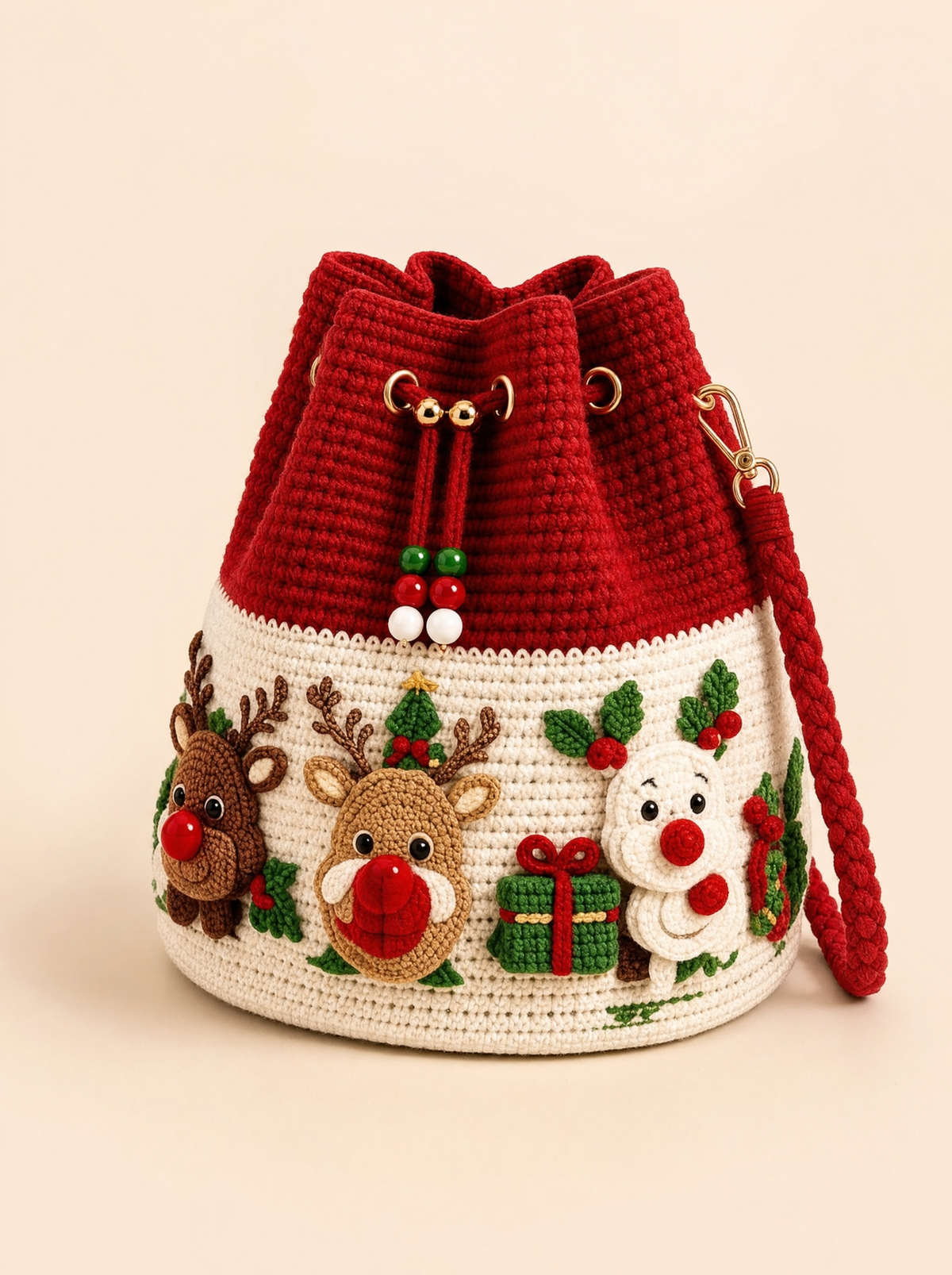 Red Reindeer Christmas crochet bag, three-quarter view with braided strap