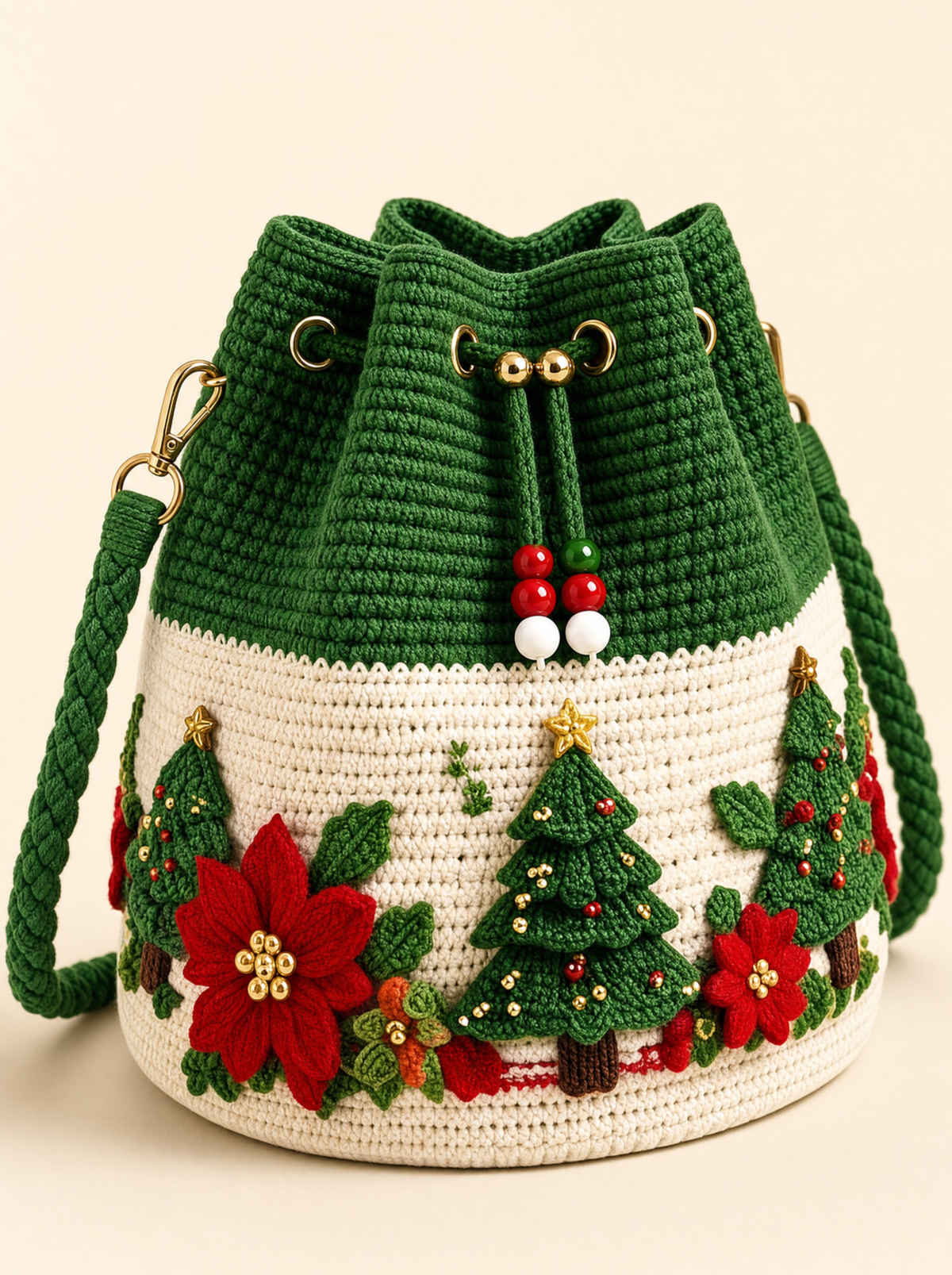 Christmas Tree crochet bag, three-quarter view with braided strap