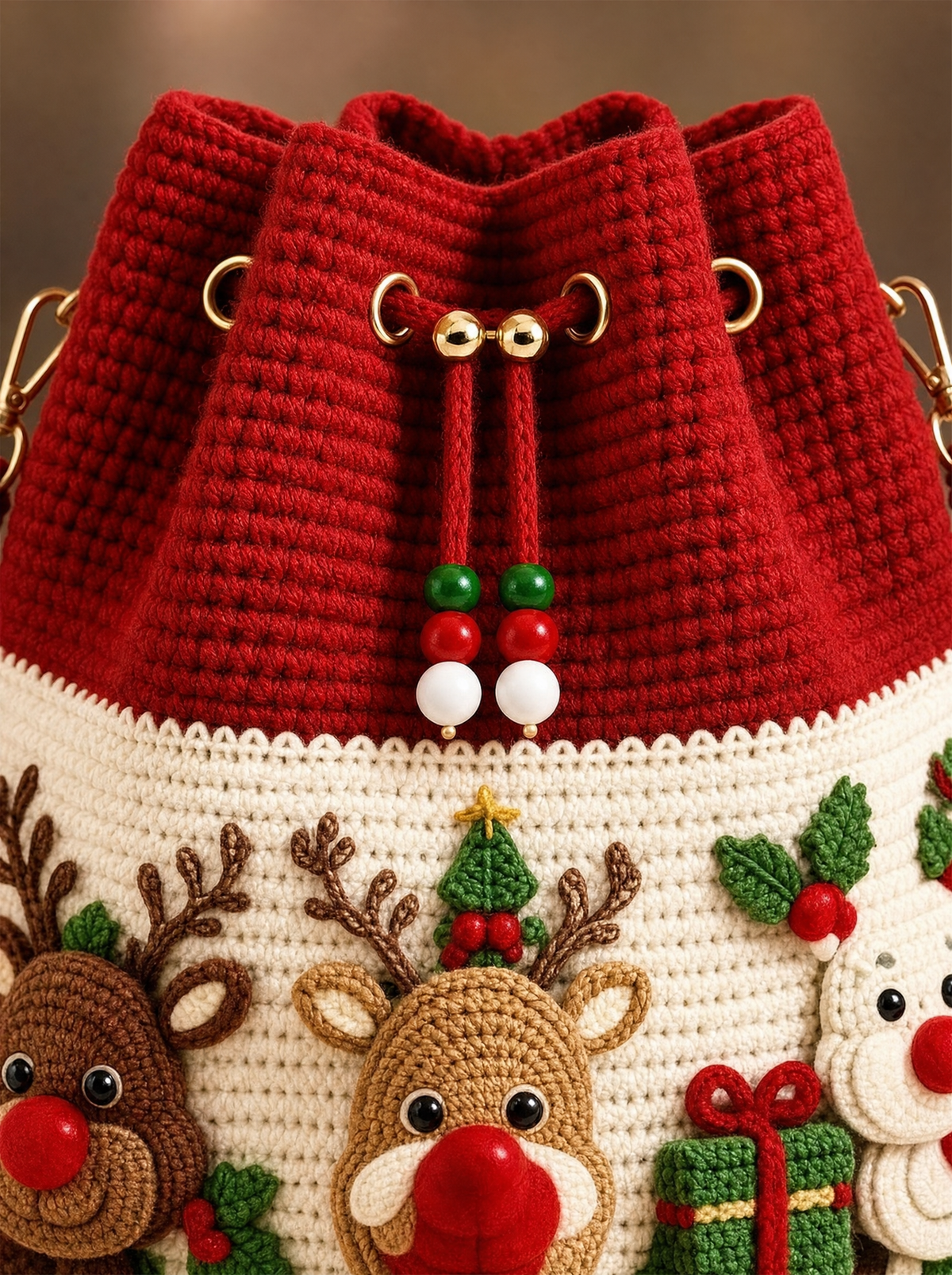 Red Reindeer Christmas crochet bag, close-up of drawstring beads and reindeer appliqué